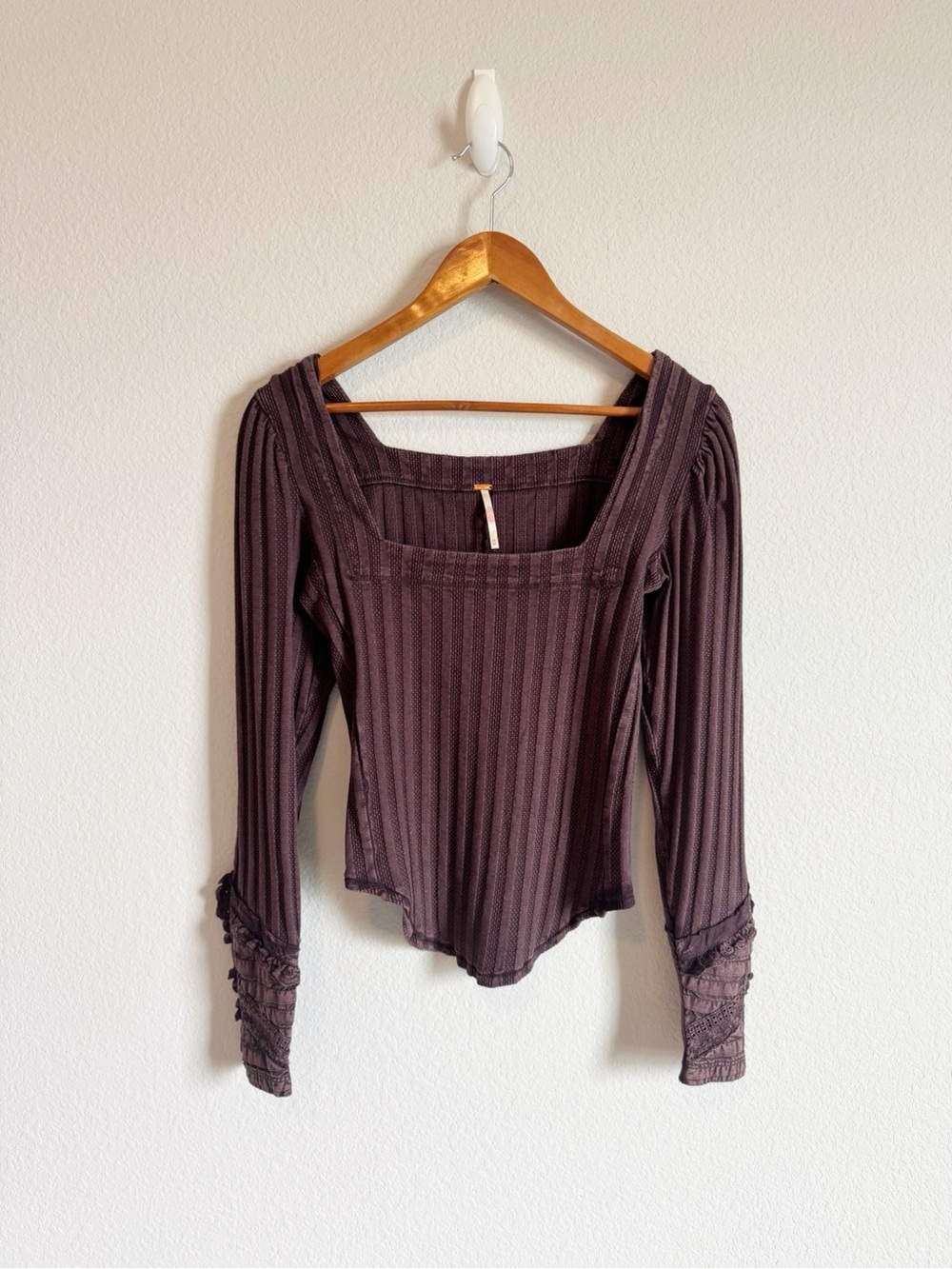 Free People Brown Could I Love You More Lace Cuff Detail Puff Sleeve Top Size XS